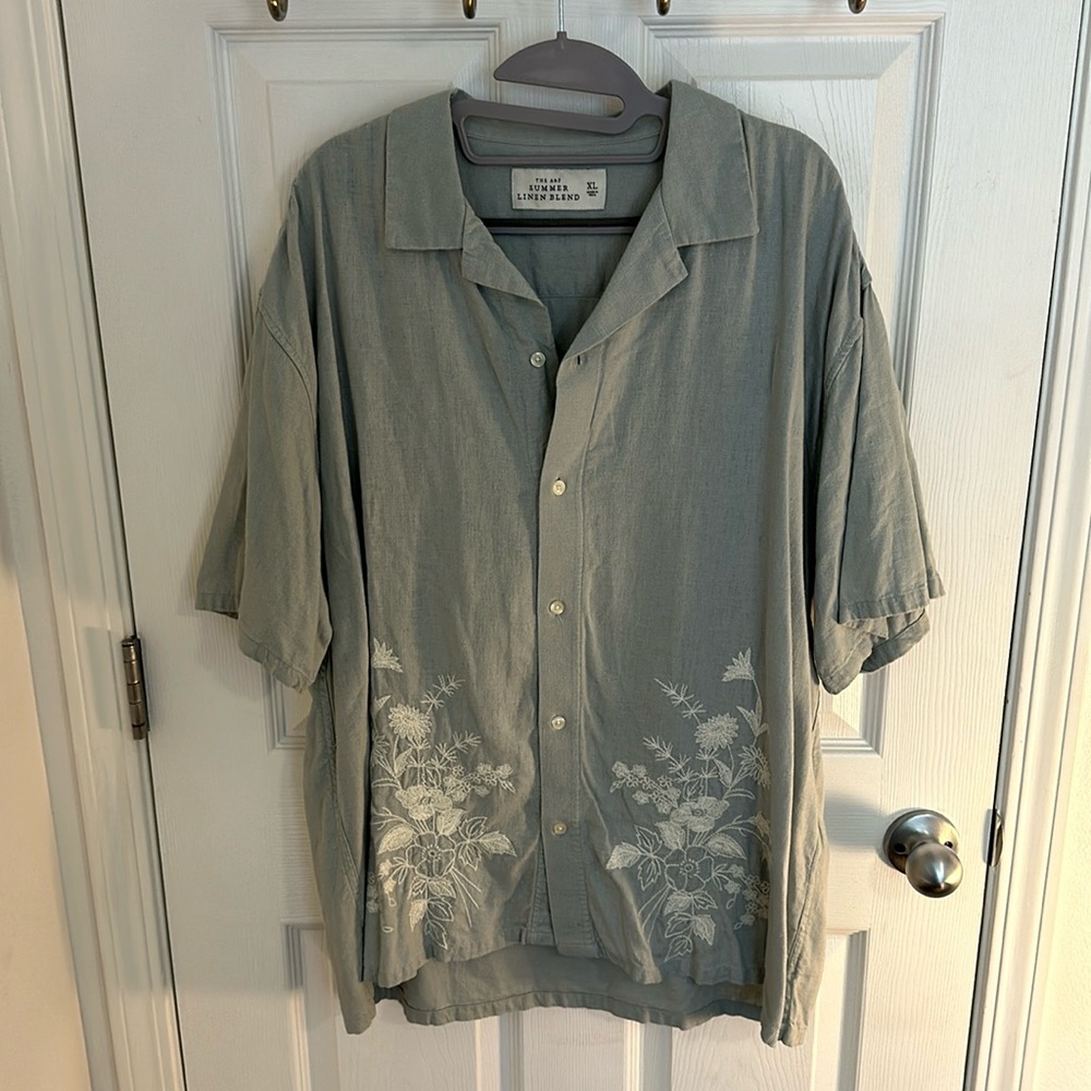 Camp Collar Summer Linen-Blend Floral Embroidered Abercrombie & Fitch XL